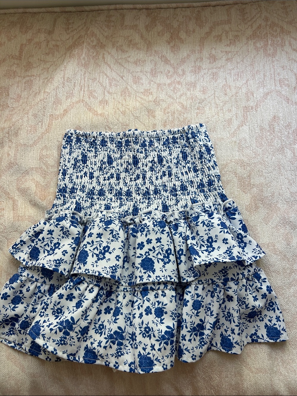 Amazon White Mini Skirt with Blue Floral Print and Smocked Waist